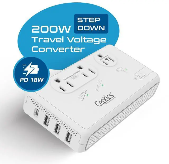 Alt view image 2 of 7 - Voltage Converter for Travel, 220V to 110V Converter w/Type C, E/F, G, I Plugs, 2000W Outlet for Hair Dryers, 4 USB w/ 1 USB-C PD 18W Fast Charge, for Curling Iron, Straightener, Chargers