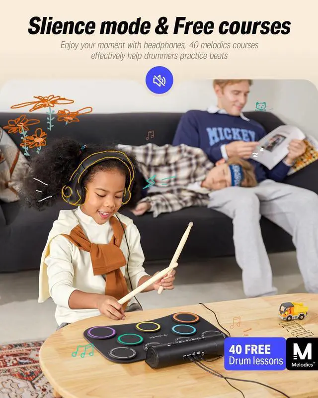 Alt view image 2 of 7 - Electric Drum Pad, 9 Pads Electronic Drum Set Roll Up Quiet Drum Pad Built-in Speaker, 40 Drum Lessons Included, Kids Holiday & Birthday Instrument Toys