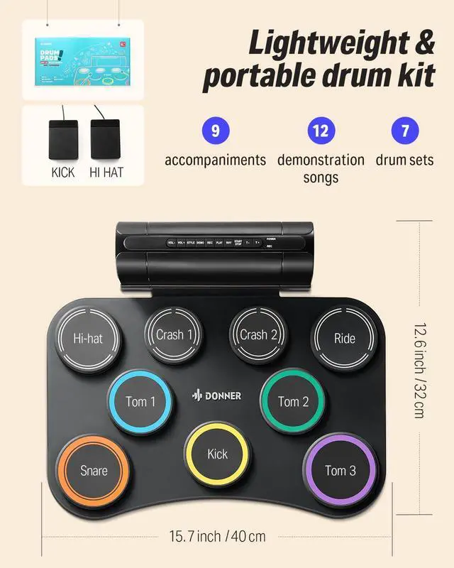 Alt view image 5 of 7 - Electric Drum Pad, 9 Pads Electronic Drum Set Roll Up Quiet Drum Pad Built-in Speaker, 40 Drum Lessons Included, Kids Holiday & Birthday Instrument Toys