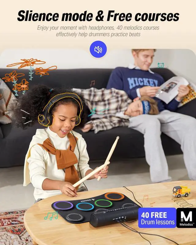 Alt view image 3 of 7 - Electric Drum Set Upgrated, 7 Pads Electronic Drum Pad Roll Up Quiet Drum Pad Built-in Speaker, 40 Lessons Included, Kids Holiday Christmas & Birthday Gift Instrument Toys(DED-20R) NEW