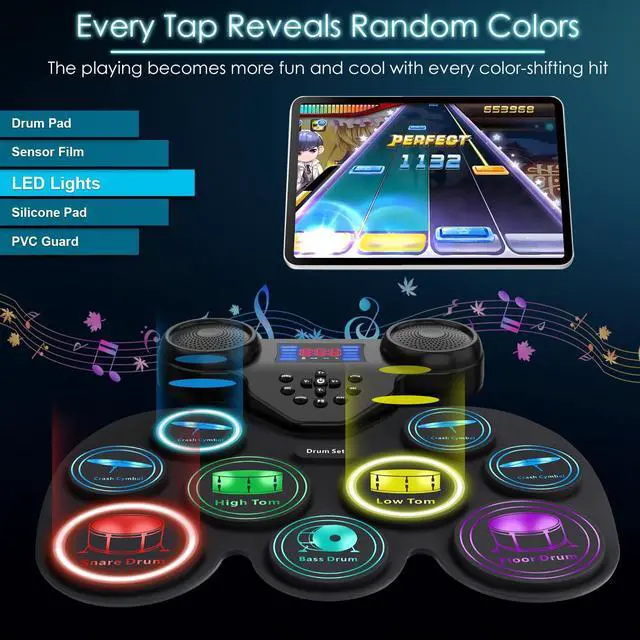 Alt view image 2 of 7 - Electronic Drum Set with 7-Color LED Light Show on Strike, 9-Pad Electric Drums Set Bluetooth MIDI Support, Extra-thick Electric Drum Pads for Better Rebound, Perfect Christmas/Birthday Gift for Kids