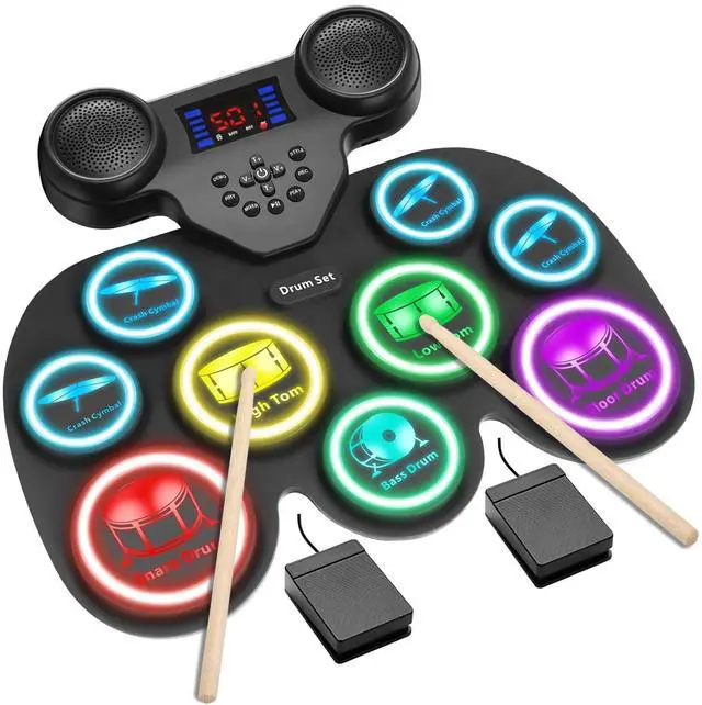 Main image of Electronic Drum Set with 7-Color LED Light Show on Strike, 9-Pad Electric Drums Set Bluetooth MIDI Support, Extra-thick Electric Drum Pads for Better Rebound, Perfect Christmas/Birthday Gift for Kids