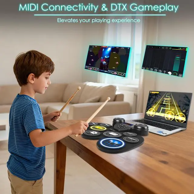 Alt view image 4 of 7 - Electronic Drum Set with 7-Color LED Light Show on Strike, 9-Pad Electric Drums Set Bluetooth MIDI Support, Extra-thick Electric Drum Pads for Better Rebound, Perfect Christmas/Birthday Gift for Kids