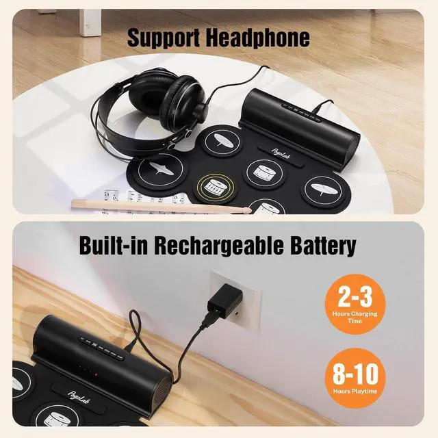 Alt view image 4 of 6 - Electronic Drum Set, 7 Pads Roll Up Electric Drum Pad with Wireless Function, Portable Rechargeable Midi Drum Kit with Built-in Speaker/Pedals/Headphone Jack, Great Holiday Gift for Beginner