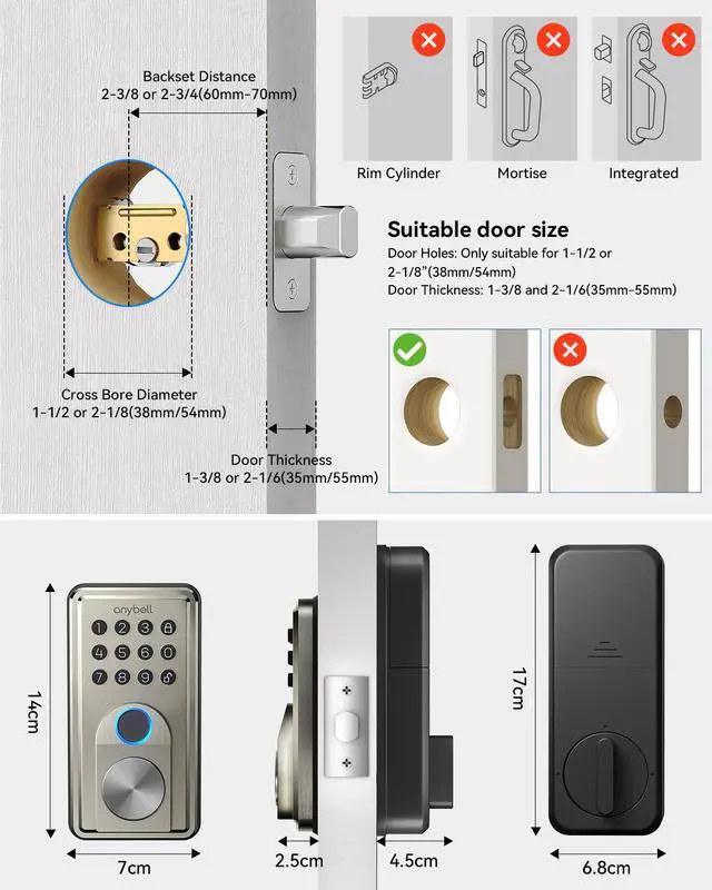 Alt view image 7 of 7 - Smart Door Lock, Fingerprint Door Lock Keyless Entry with Electronic Keypad Deadbolt, App Control, Auto Lock, Biometric Lock for Front Door, Hotel & Office