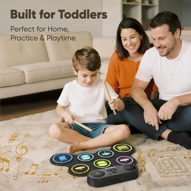 Alt view image 2 of 6 - 7-Pad Electronic Drum Set for Kids, Portable Electric Drum Kit with Built-in Speaker & Headphone Jack, Kids Drum Set for Beginners Toddlers 3-5 with Pedals & Drumsticks