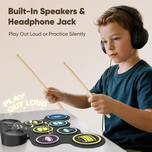 Alt view image 3 of 6 - 7-Pad Electronic Drum Set for Kids, Portable Electric Drum Kit with Built-in Speaker & Headphone Jack, Kids Drum Set for Beginners Toddlers 3-5 with Pedals & Drumsticks