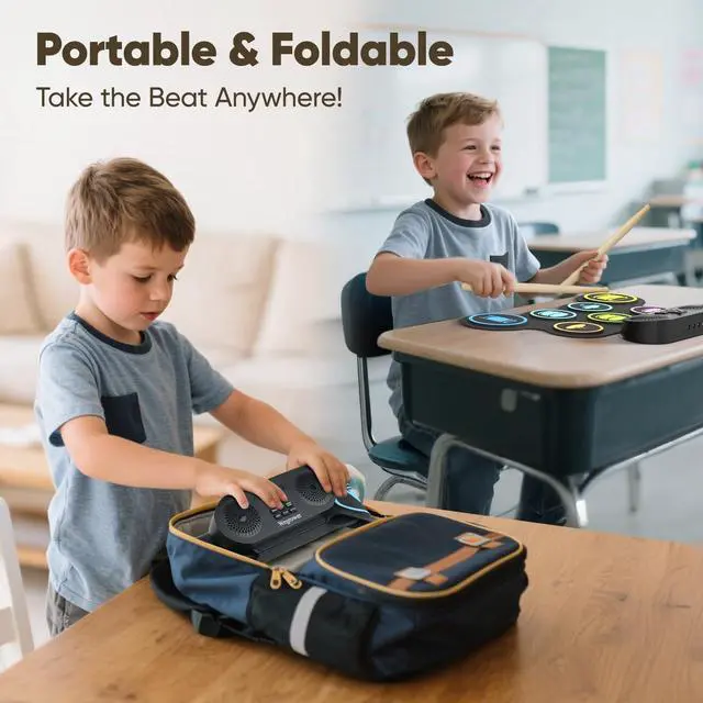 Alt view image 4 of 6 - 7-Pad Electronic Drum Set for Kids, Portable Electric Drum Kit with Built-in Speaker & Headphone Jack, Kids Drum Set for Beginners Toddlers 3-5 with Pedals & Drumsticks