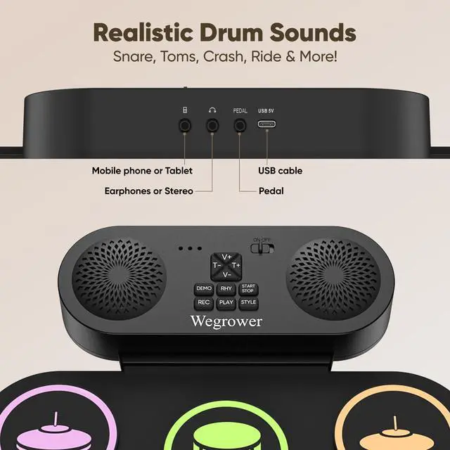Alt view image 5 of 6 - 7-Pad Electronic Drum Set for Kids, Portable Electric Drum Kit with Built-in Speaker & Headphone Jack, Kids Drum Set for Beginners Toddlers 3-5 with Pedals & Drumsticks