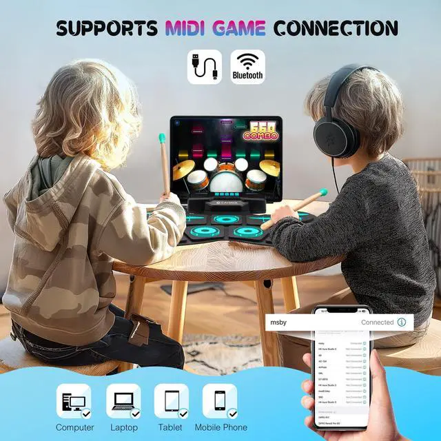 Alt view image 2 of 7 - Electronic Drum Pad Set: Dual Speakers Portable 9-pads Electric Practice Drum MIDI Gam Great Gift for Music Beginners