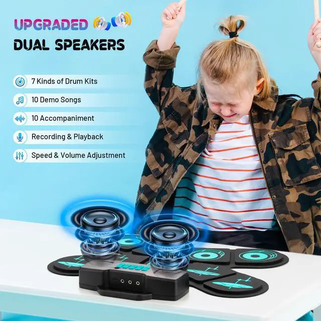 Alt view image 3 of 7 - Electronic Drum Pad Set: Dual Speakers Portable 9-pads Electric Practice Drum MIDI Gam Great Gift for Music Beginners