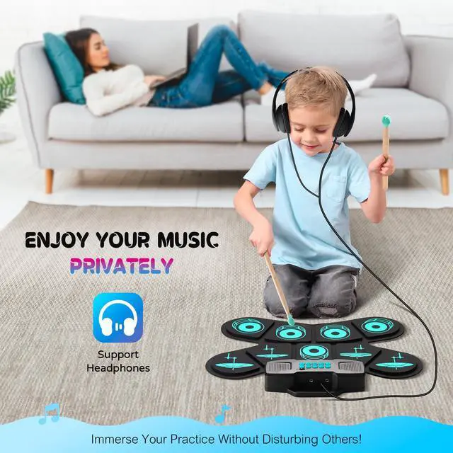 Alt view image 5 of 7 - Electronic Drum Pad Set: Dual Speakers Portable 9-pads Electric Practice Drum MIDI Gam Great Gift for Music Beginners