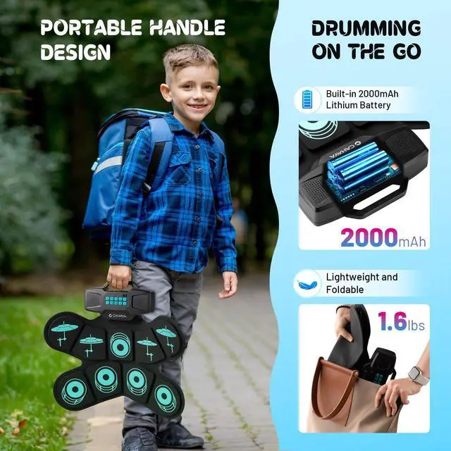 Alt view image 4 of 7 - Electronic Drum Pad Set: Dual Speakers Portable 9-pads Electric Practice Drum MIDI Gam Great Gift for Music Beginners