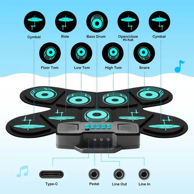 Alt view image 7 of 7 - Electronic Drum Pad Set: Dual Speakers Portable 9-pads Electric Practice Drum MIDI Gam Great Gift for Music Beginners