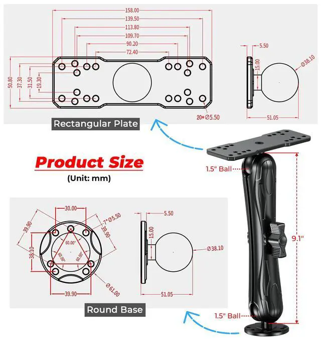 Alt view image 7 of 7 - Aluminum Alloy Fish Finder Mount with C Size 1.5" Ball Rectangle Plate & Round Base, 9.1" Long Arm Marine Electronic Mount Compatible with Garmin, Lowrance, Humminbird, Raymarine and More