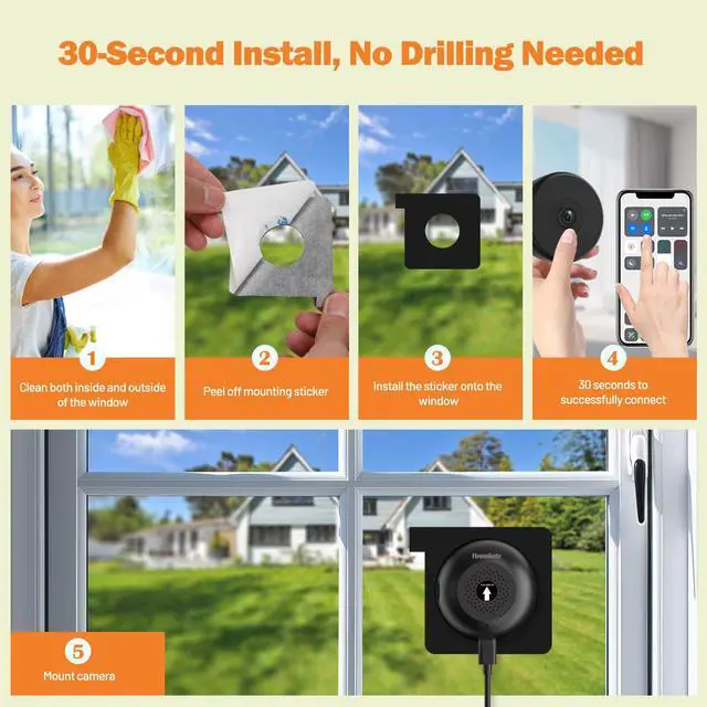 Alt view image 2 of 6 - 2 Pack No-Drill Window Camera, 5GHz & 2.4GHz WiFi 2K Outdoor Monitoring Thru Glass, Anti-Glare Full Color Night Vision, Window Mounted Security Camera for Home Security, Works with Alexa
