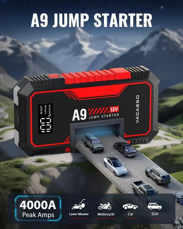 Alt view image 2 of 5 - Jump Starter 4000A, A9 Battery Jumper Starter Portable (7L Gas/4L Diesel), 12V Car Battery Booster Jump Starters Pack, Jumpstart with USB Ports, Jumper Cables, LED Light, Storage Case