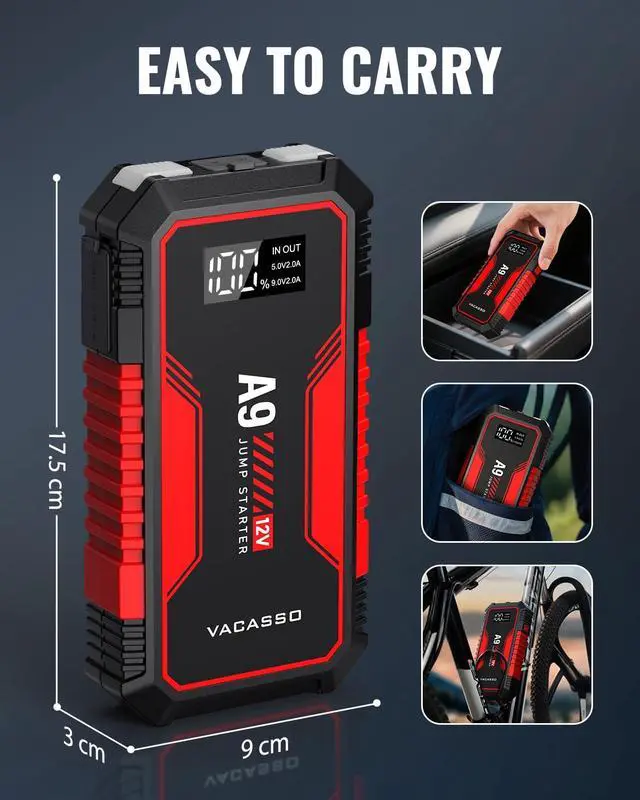Alt view image 5 of 5 - Jump Starter 4000A, A9 Battery Jumper Starter Portable (7L Gas/4L Diesel), 12V Car Battery Booster Jump Starters Pack, Jumpstart with USB Ports, Jumper Cables, LED Light, Storage Case
