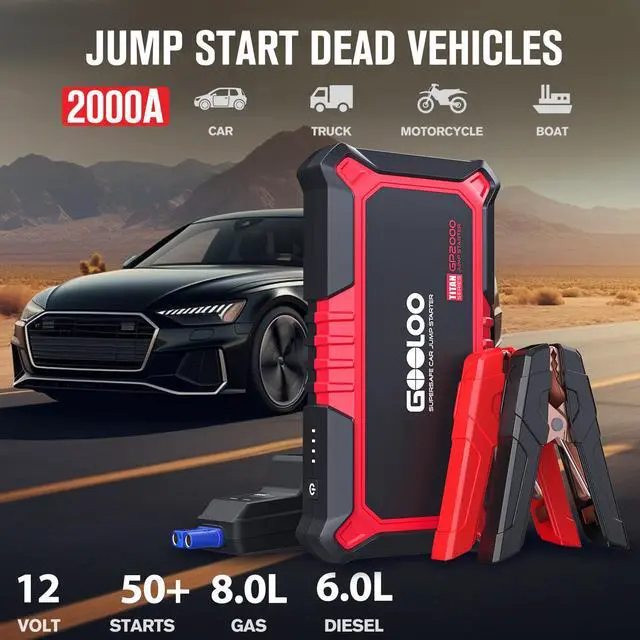 Alt view image 2 of 7 - New GP2000 Jump Starter, 12V 2000A Car Jumper Starter(Up to 8.0L Gas, 6.0L Diesel Engines), SuperSafe Portable Battery Charger, Auto Lithium Box Booster Pack with USB Quick Charge, red