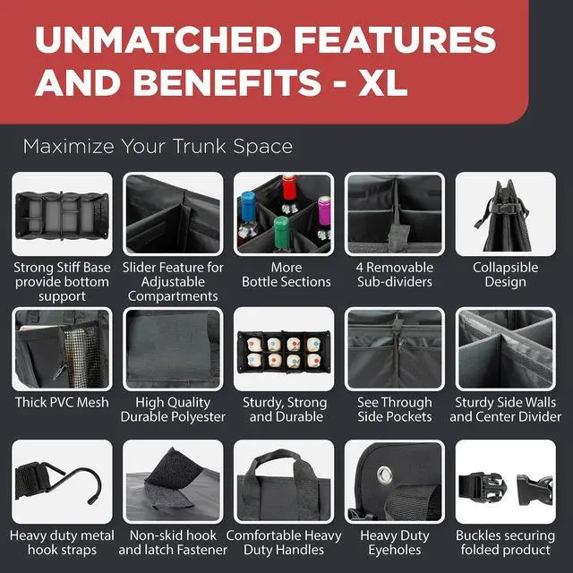 Alt view image 6 of 7 - XL Premium SUV, Truck, Car Trunk Organizer With Expandable Compartments - Lightweight Foldable Cargo Organizer