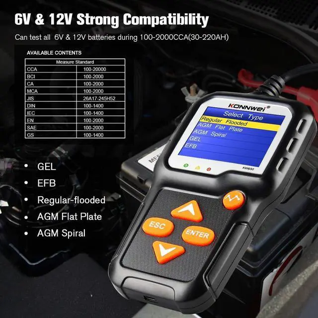 Alt view image 3 of 7 - KW650 6V 12V Car Battery Tester, 100-2000 CCA Battery Load Tester Automotive Battery and Alternator Tester for Vehicles/Marine/Motorcycle/Lawn Mover