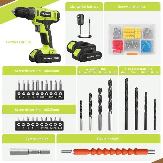 Alt view image 2 of 7 - 'S 20V Cordless Drill/Driver, Electric Screwdriver - 2 Batteries, 30Nm, 21+1 Torque, 2 Speed, Keyless 3/8" Chase Drill with LED Light, Kit for Home (Green)