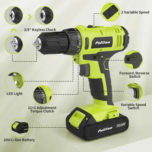 Alt view image 3 of 7 - 'S 20V Cordless Drill/Driver, Electric Screwdriver - 2 Batteries, 30Nm, 21+1 Torque, 2 Speed, Keyless 3/8" Chase Drill with LED Light, Kit for Home (Green)