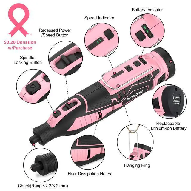 Alt view image 2 of 7 - Pink 12V Cordless Rotary Tool Kit, 5 Variable Speeds, Powerful Engraver, Sander, Polisher, 114 Easy Change Accessories, Craft Tool for Handmade and DIY - Pink Ribbon