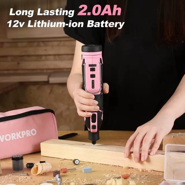 Alt view image 4 of 7 - Pink 12V Cordless Rotary Tool Kit, 5 Variable Speeds, Powerful Engraver, Sander, Polisher, 114 Easy Change Accessories, Craft Tool for Handmade and DIY - Pink Ribbon