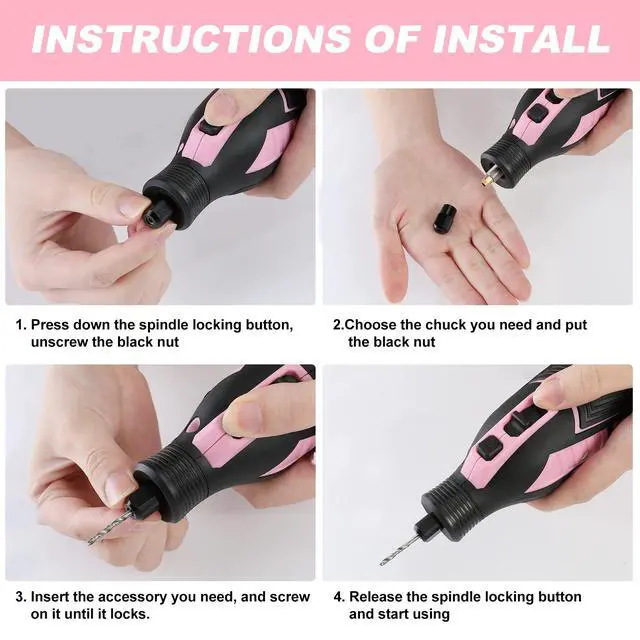 Alt view image 5 of 7 - Pink 12V Cordless Rotary Tool Kit, 5 Variable Speeds, Powerful Engraver, Sander, Polisher, 114 Easy Change Accessories, Craft Tool for Handmade and DIY - Pink Ribbon