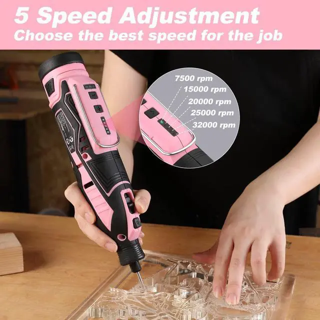 Alt view image 6 of 7 - Pink 12V Cordless Rotary Tool Kit, 5 Variable Speeds, Powerful Engraver, Sander, Polisher, 114 Easy Change Accessories, Craft Tool for Handmade and DIY - Pink Ribbon