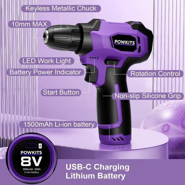 Alt view image 4 of 7 - Tool Kit: 139 PCS Cordless Drill Set with Li-Ion Battery, 8V Power Drill with Type-C Charging, Portable Basic Home Tool Set for DIY Projects (Purple-A)