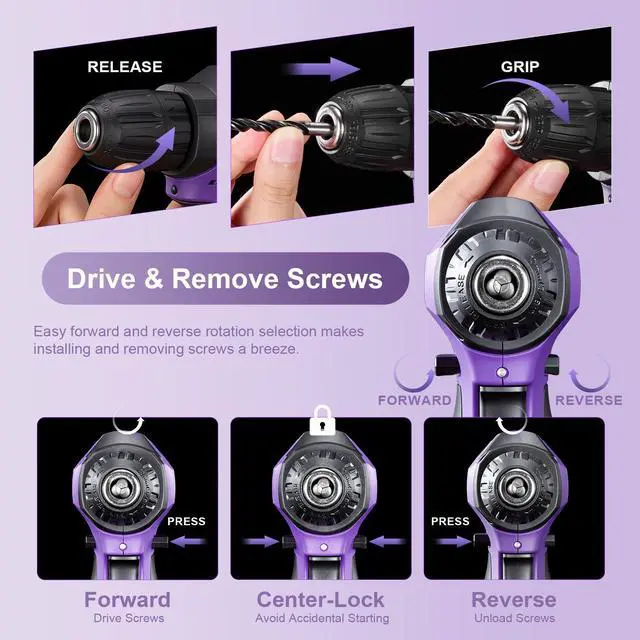 Alt view image 3 of 7 - Tool Kit: 139 PCS Cordless Drill Set with Li-Ion Battery, 8V Power Drill with Type-C Charging, Portable Basic Home Tool Set for DIY Projects (Purple-A)