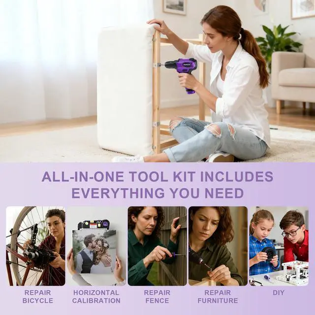 Alt view image 7 of 7 - Tool Kit: 139 PCS Cordless Drill Set with Li-Ion Battery, 8V Power Drill with Type-C Charging, Portable Basic Home Tool Set for DIY Projects (Purple-A)