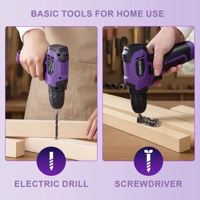 Alt view image 6 of 7 - Tool Kit: 139 PCS Cordless Drill Set with Li-Ion Battery, 8V Power Drill with Type-C Charging, Portable Basic Home Tool Set for DIY Projects (Purple-A)