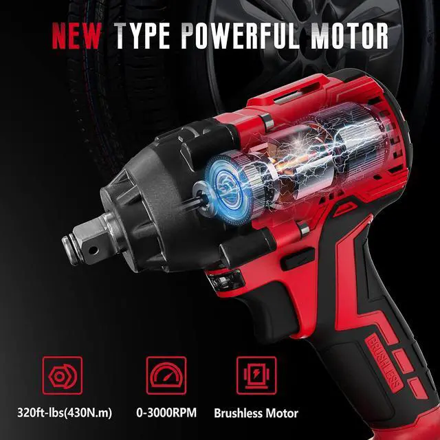 Alt view image 2 of 7 - Impact Wrench,1/2" Impact Gun, Power Impact Driver Max Torque 320 Ft-lbs (430N.m), Cordless Impact Wrench with 20V Brushless Motor, 4.0Ah Li-ion Battery with Fast Charger, 4 Pcs Impact Sockets