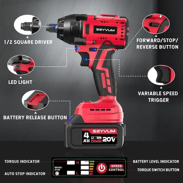 Alt view image 6 of 7 - Impact Wrench,1/2" Impact Gun, Power Impact Driver Max Torque 320 Ft-lbs (430N.m), Cordless Impact Wrench with 20V Brushless Motor, 4.0Ah Li-ion Battery with Fast Charger, 4 Pcs Impact Sockets
