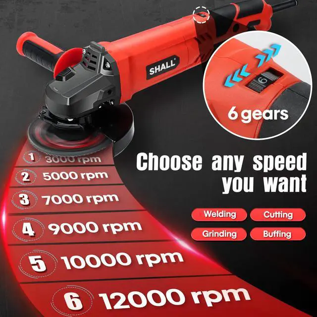 Alt view image 2 of 7 - Angle Grinder Tool 7.5Amp 4-1/2 Inch, 6-Variable-Speed Grinders Power Tools, Electric Metal Grinder 12000 RPM w/ 2 Safety Guards, Cutting Wheels, Flap Discs, Non-Slip Handle for Metal/Wood