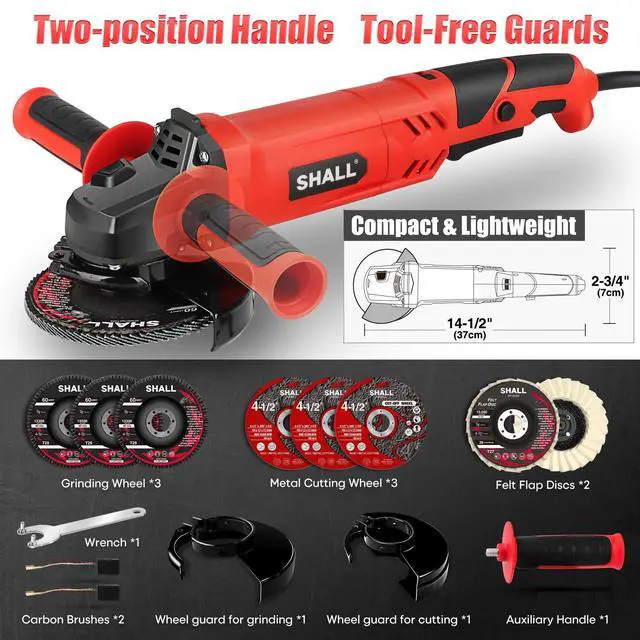 Alt view image 6 of 7 - Angle Grinder Tool 7.5Amp 4-1/2 Inch, 6-Variable-Speed Grinders Power Tools, Electric Metal Grinder 12000 RPM w/ 2 Safety Guards, Cutting Wheels, Flap Discs, Non-Slip Handle for Metal/Wood