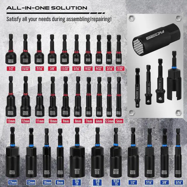 Alt view image 2 of 7 - 80-Piece Premium Magnetic Impact Nut Driver Set Metric & SAE with Socket Adapters, Bit Holder, Wing Nut Driver, Universal Sockets, Quick Release Extension, Power Bits