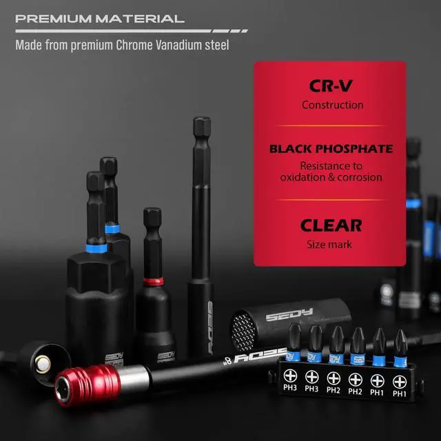 Alt view image 5 of 7 - 80-Piece Premium Magnetic Impact Nut Driver Set Metric & SAE with Socket Adapters, Bit Holder, Wing Nut Driver, Universal Sockets, Quick Release Extension, Power Bits