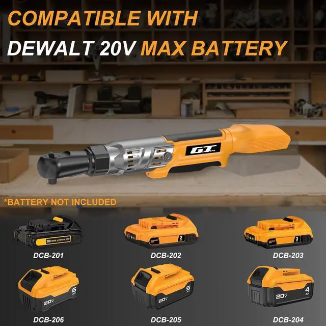 Alt view image 3 of 7 - 3/8" Cordless Ratchet Wrench, Compatible with DEWALT 20V MAX Battery, 74Ft-Lbs Power Electric Ratchet Tool Kit, 1/2" & 1/4" Adapters, 3" Extension Bar (Tool Only)