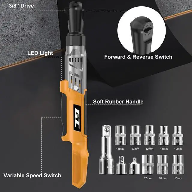 Alt view image 4 of 7 - 3/8" Cordless Ratchet Wrench, Compatible with DEWALT 20V MAX Battery, 74Ft-Lbs Power Electric Ratchet Tool Kit, 1/2" & 1/4" Adapters, 3" Extension Bar (Tool Only)