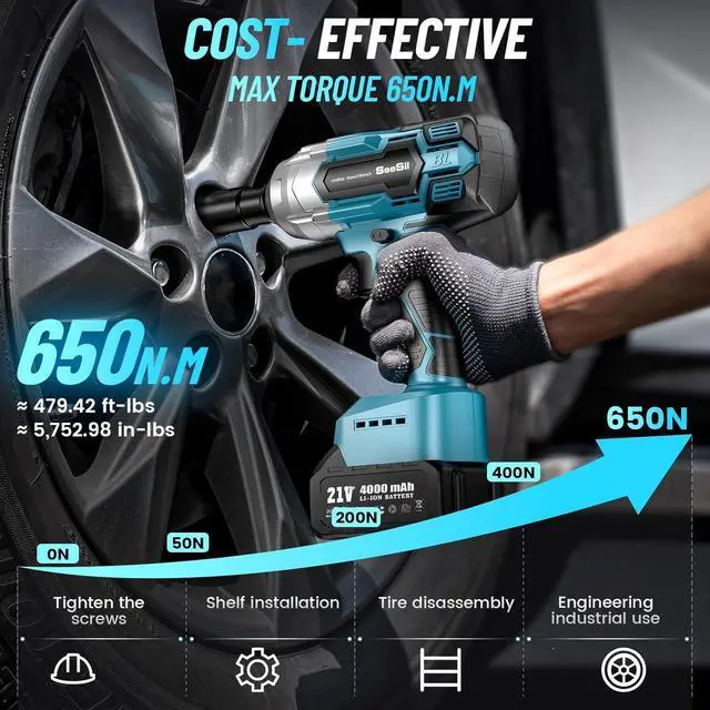 Alt view image 2 of 7 - Cordless Impact Wrench 1/2 inch, High Torque 479 Ft-lbs(650Nm) Brushless Impact Gun,2500RPM w/2x4.0 Battery, 6 Sockets,8 Drill Bits, High Torque Power Impact Driver for Car Home,WH700