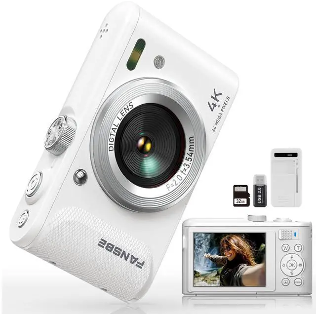 Main image of Digital Camera, 4K Vlogging Camera with 64MP, Point and Shoot Digital Cameras with 18X Zoom, Anti-Shake, Mode Dial, 32GB SD Card, Card Reader, Charger, Compact Small Cameras, Off White