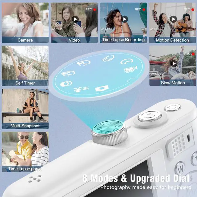 Alt view image 3 of 7 - Digital Camera, 4K Vlogging Camera with 64MP, Point and Shoot Digital Cameras with 18X Zoom, Anti-Shake, Mode Dial, 32GB SD Card, Card Reader, Charger, Compact Small Cameras, Off White