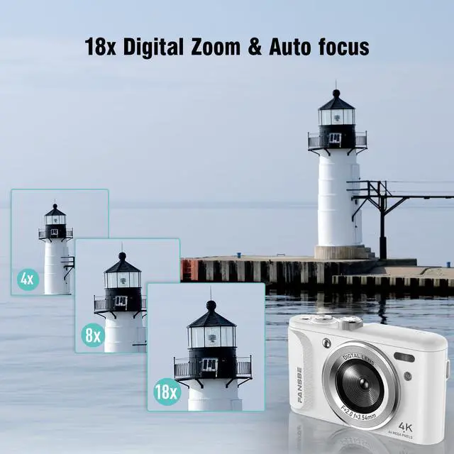 Alt view image 4 of 7 - Digital Camera, 4K Vlogging Camera with 64MP, Point and Shoot Digital Cameras with 18X Zoom, Anti-Shake, Mode Dial, 32GB SD Card, Card Reader, Charger, Compact Small Cameras, Off White