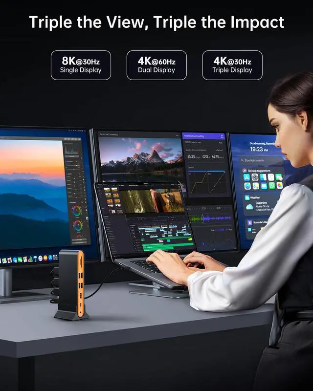 Alt view image 3 of 7 - 15 in 1 Laptop Docking Station Dual Monitor, 8K DP & Dual 4K HDMI | Triple Display 8K@30Hz DP, Dual 4K@60Hz HDMI, 10Gbps USB-A/C, SD/TF, 1Gbps Ethernet, USB C Hub for MacBook, Windows Laptops