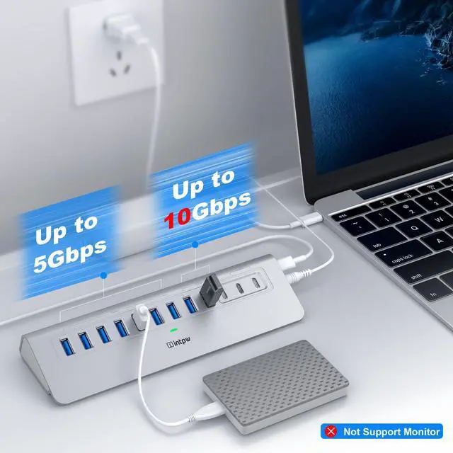 Alt view image 3 of 7 - Powered USB Hub 10Gbps, intpw 12 Port USB C Hub with USB C 3.2+2 USB A 3.2, 7 USB 3.0, 2 PD 45W Charging Port, 65W Power Adapter + 3.3FT Cable, Aluminum USB Hub for PC/Laptop/iPhone 17/16/PC