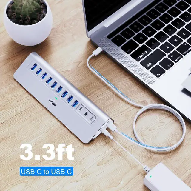 Alt view image 7 of 7 - Powered USB Hub 10Gbps, intpw 12 Port USB C Hub with USB C 3.2+2 USB A 3.2, 7 USB 3.0, 2 PD 45W Charging Port, 65W Power Adapter + 3.3FT Cable, Aluminum USB Hub for PC/Laptop/iPhone 17/16/PC